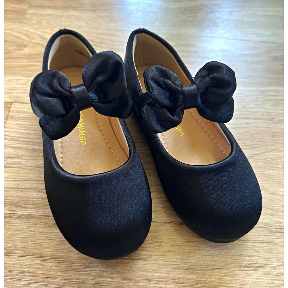Panda Anina Girl's Black Ballet Flats Bow Strap Hook & Loop Sateen US 7